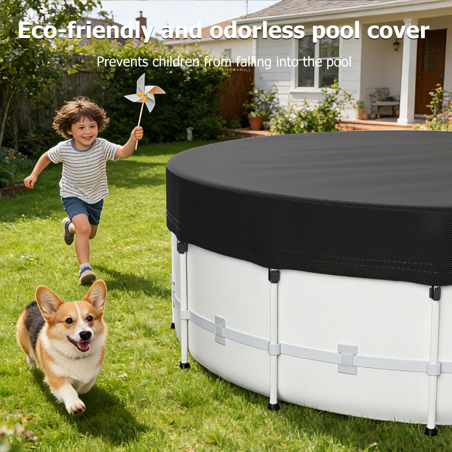15 Ft Round Pool Cover for Metal Frame Above Ground Pools - Upgraded Windproof Design Compatible with Intex/Bestway Frame Above Ground Outdoor Swimming Pool (Black)
