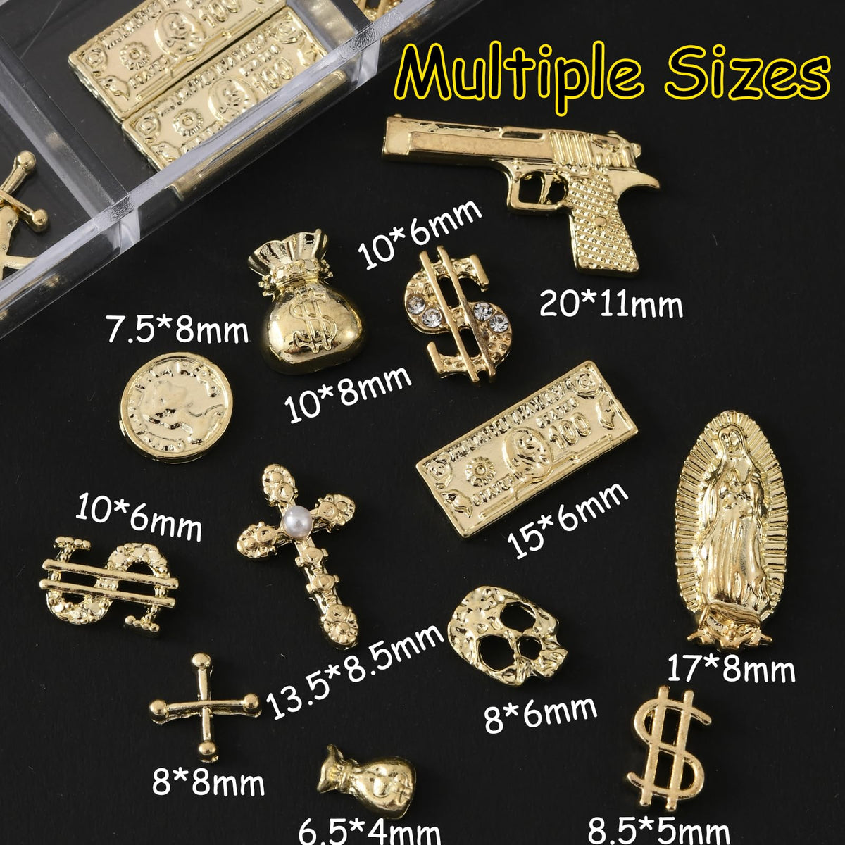 ZUMILLMN 58PCS 3D Nail Charms - Gold Alloy Dollar, Gun, Virgin Mary,Cron & Cross Charms, Shiny Nail Rhinestones for Nail Art, Manicure, DIY Jewelry Making