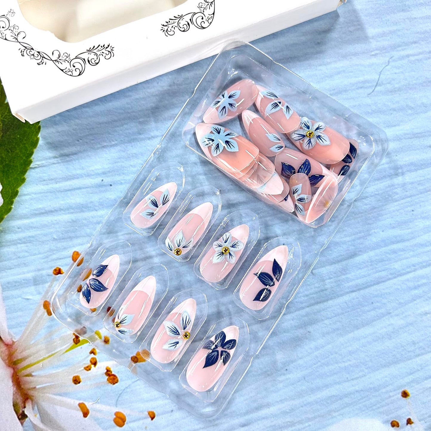 Blue Flower 3D Acrylic Fake Nail White French Tip Press on Nail Medium Almond Shaped Full Cover Glossy Artificial Stick on Nails Nude Press Ons Artificial Fingernails DIY Glue on Nails for Women