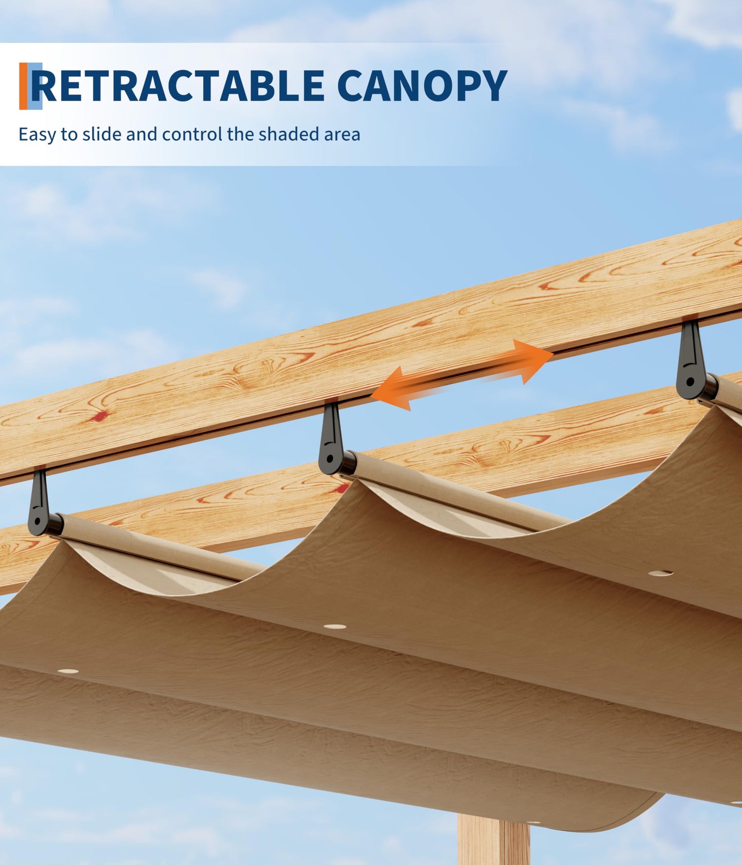 GarveeLife 10 x 13 ft Wood-Grain Aluminum Pergola Outdoor Pergola with Retractable Canopy Sun Shade Shelter for Garden, Patio, Backyard, Deck - Khaki