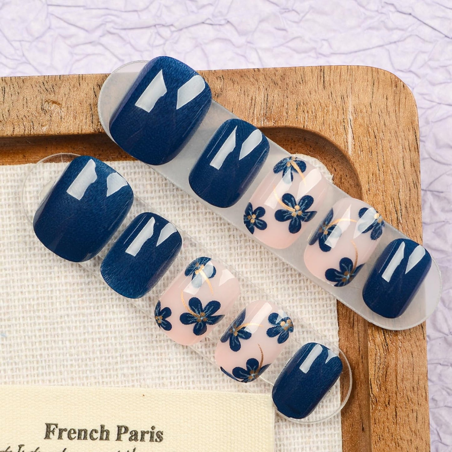 24pcs Blue Press on Nail Short Square Fake Nails Glossy Spring with Floral designs Gold Stripe Stick on Nail Full Cover Acrylic False Nails Reusable Gel Glue on Nails for Women Summer Manicure