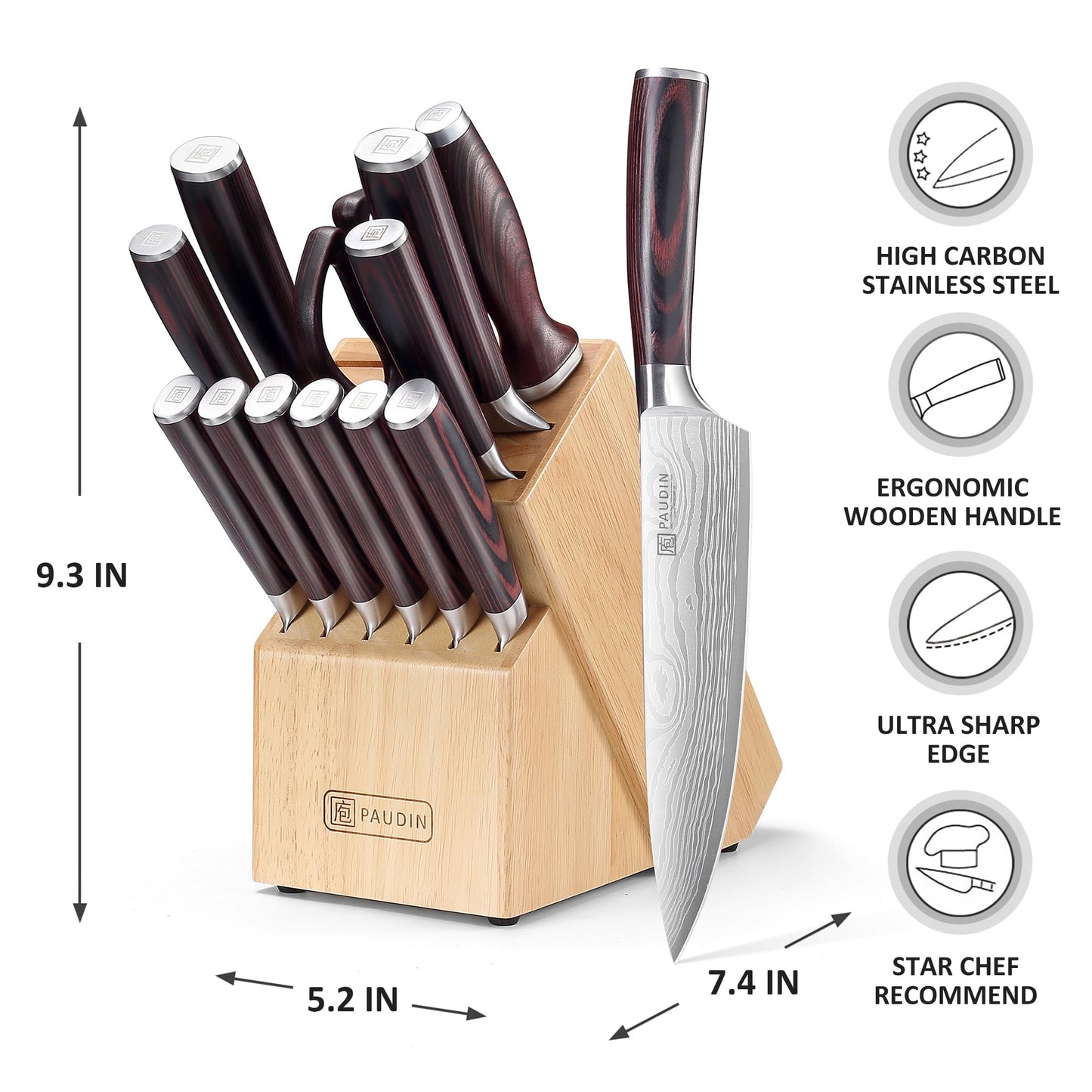 PAUDIN Kitchen Knife Set with Block, 14 Pieces Knife Sets for Kitchen with Block, High Carbon German Stainless Steel Sharp Chef Knife Set with Ergonomic Pakkawood Handle