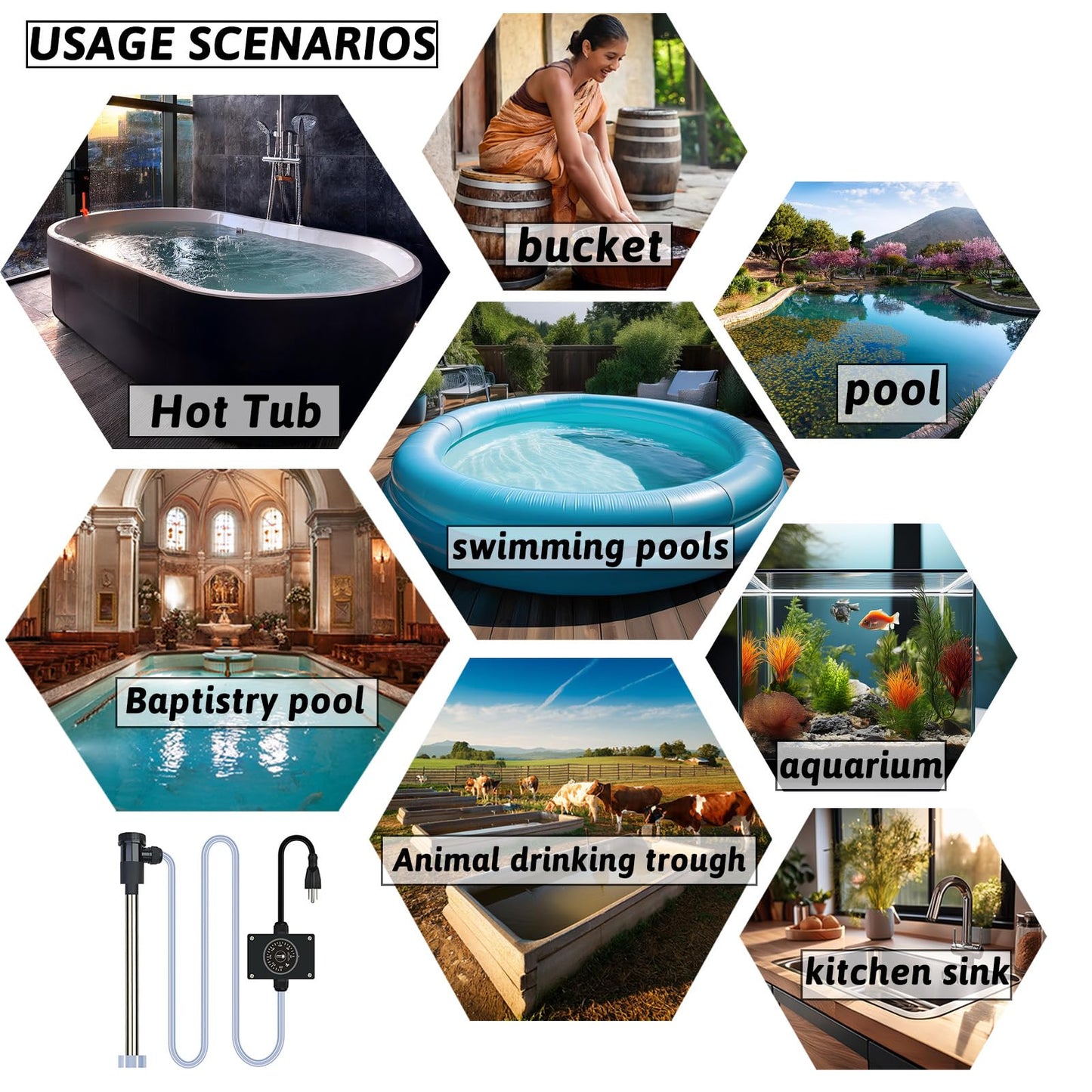 XCLBTFDC 1800W Immersion Water Heater Portable Electric Bathtub & Pool Submersible Water Heater with Temp Control for Bucket, inflatable pool, baptistry, spa tub, above ground pool & Hot Tub