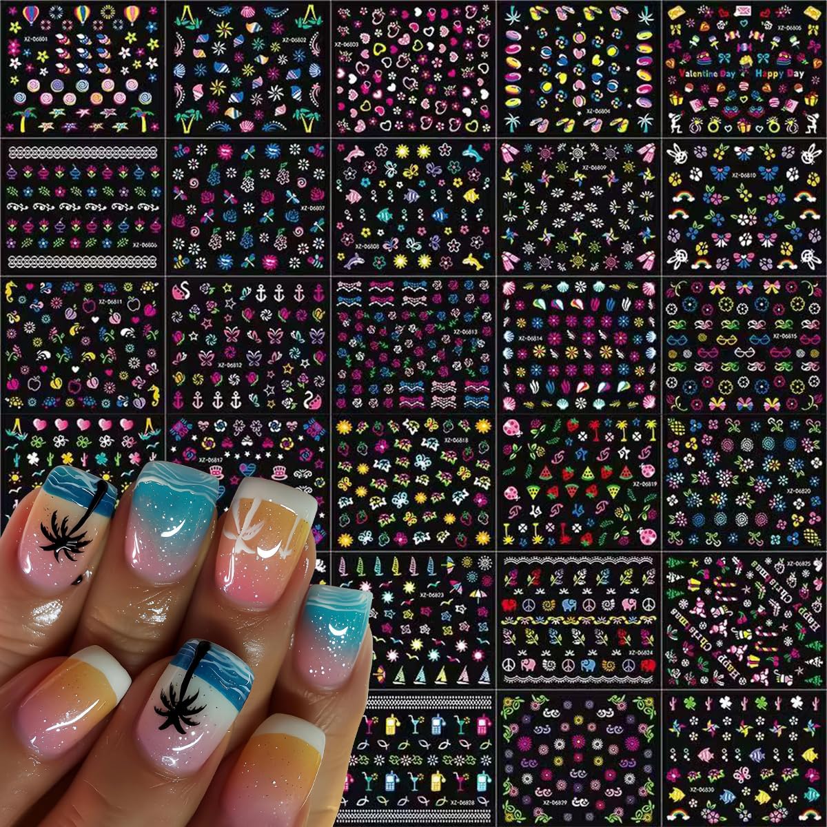 30 Sheets Summer Nail Stickers for Nail Art Beach 3D Self-Adhesive Sea Wave Nail Decals Flower Butterfly Design Watermelon Nail Art for Women DIY Manicure Decorations Supplies