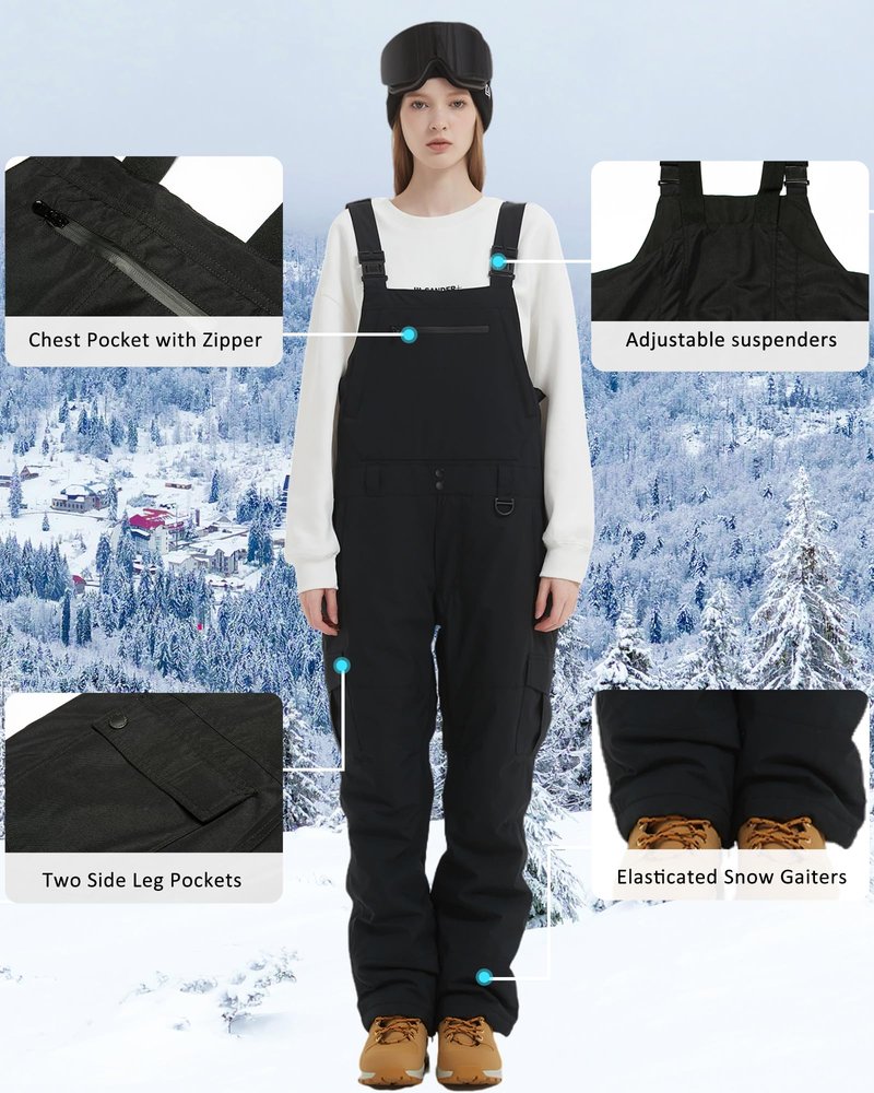 BUMDEEP Women and Mens Snow Bibs Adjustable Overalls Pants Windproof Waterproof Ski Pants Insulated Warm Pants(Black,S)