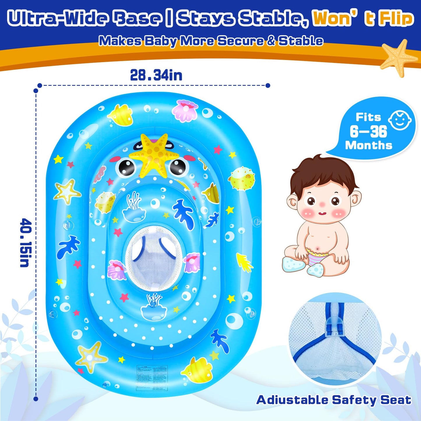 Baby Pool Float with Canopy UPF50+ Sun Protection, WJWJA Inflatable Kids Pool Floats with Adjustable Safety Seat Infant Swimming Float for Baby 6-36 Months Boys and Girls