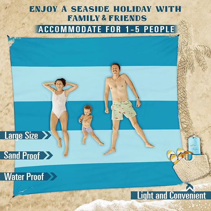 Famstar Beach Blanket Sandproof Waterproof 78''×81''1-5 Adults Oversized,Compact Lightweight Durable Beach Mat for Travel Camping Hiking Picnic Blanket