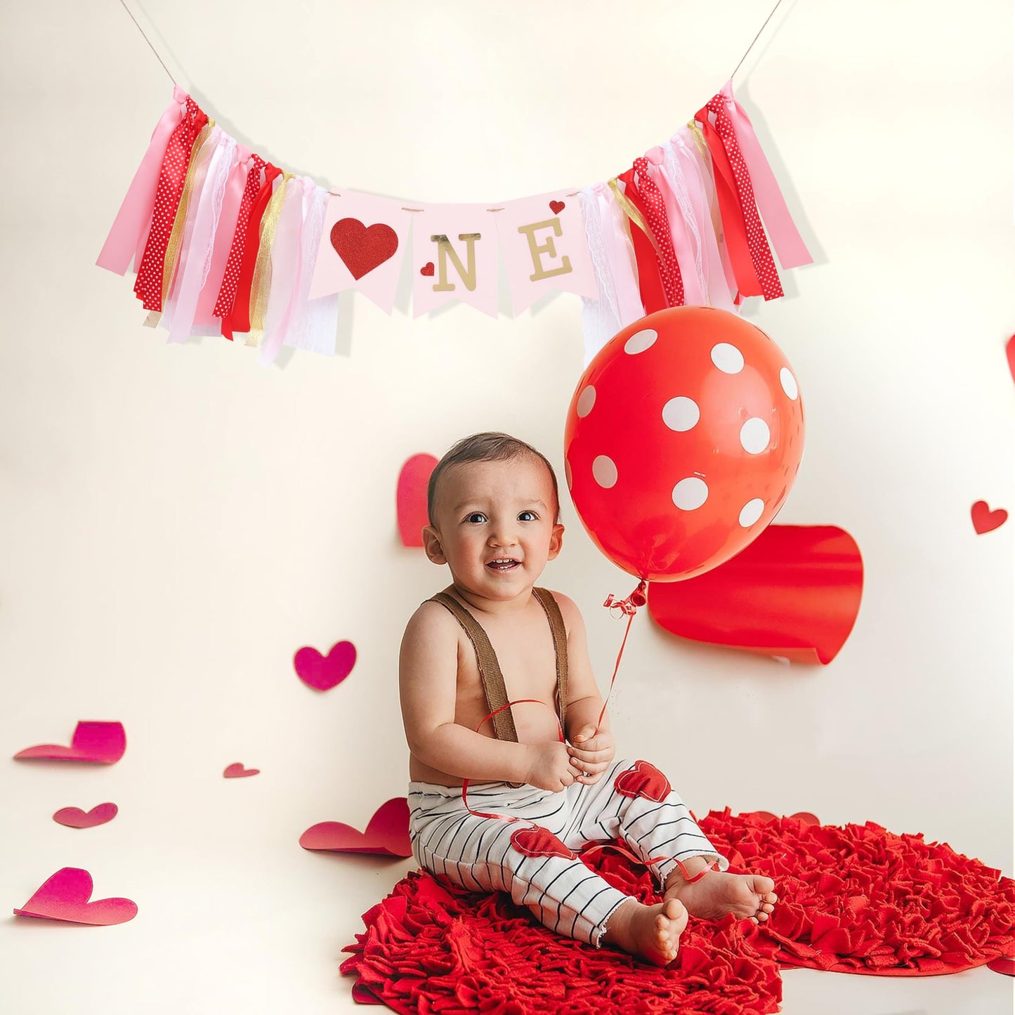 Valentines Day Half Birthday High Chair Banner - 6 Months Baby Party Decorations,1/2 Way To One Red Pink Ribbon Banner,Valentine's Day Highchair Garland,Little Sweetheart 1/2 Birthday Photo Props (Valentines Day 1st Birthday)