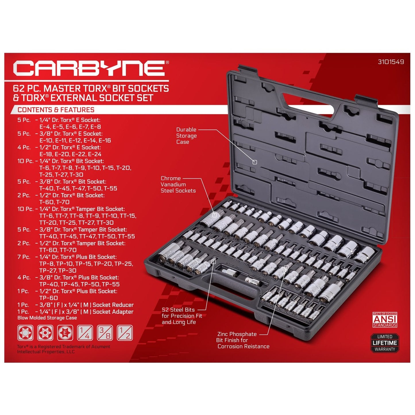 CARBYNE 62-Piece Master Torx Bit Socket Set & External (eTorx) Socket Set, Includes T6 - T70, TT6 - TT70, TP8 - TP60, E4 - E24| S2 Steel Bits, Cr-V Sockets, Durable Case | 1/4, 3/8, & 1/2 in. Drive