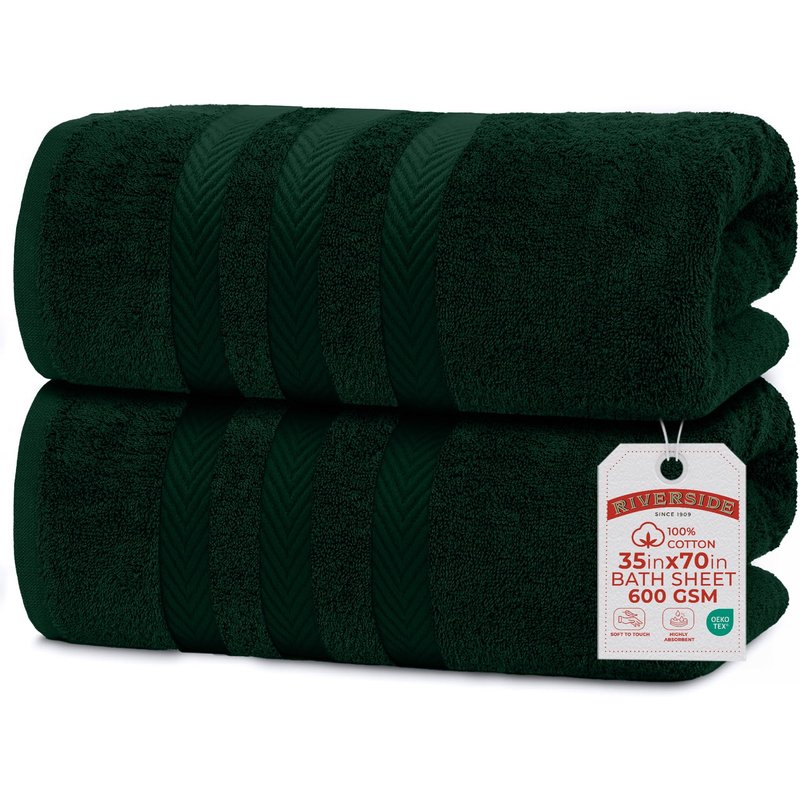 RIVERSIDE Pack of 2 Extra Large Bath Sheets 35 x 70 Inches, 100% Ring Spun Cotton, Hotel Quality, Oversized Bath Towels for Adults, Soft, Highly Absorbent & Quicker to Dry, Hunter Green
