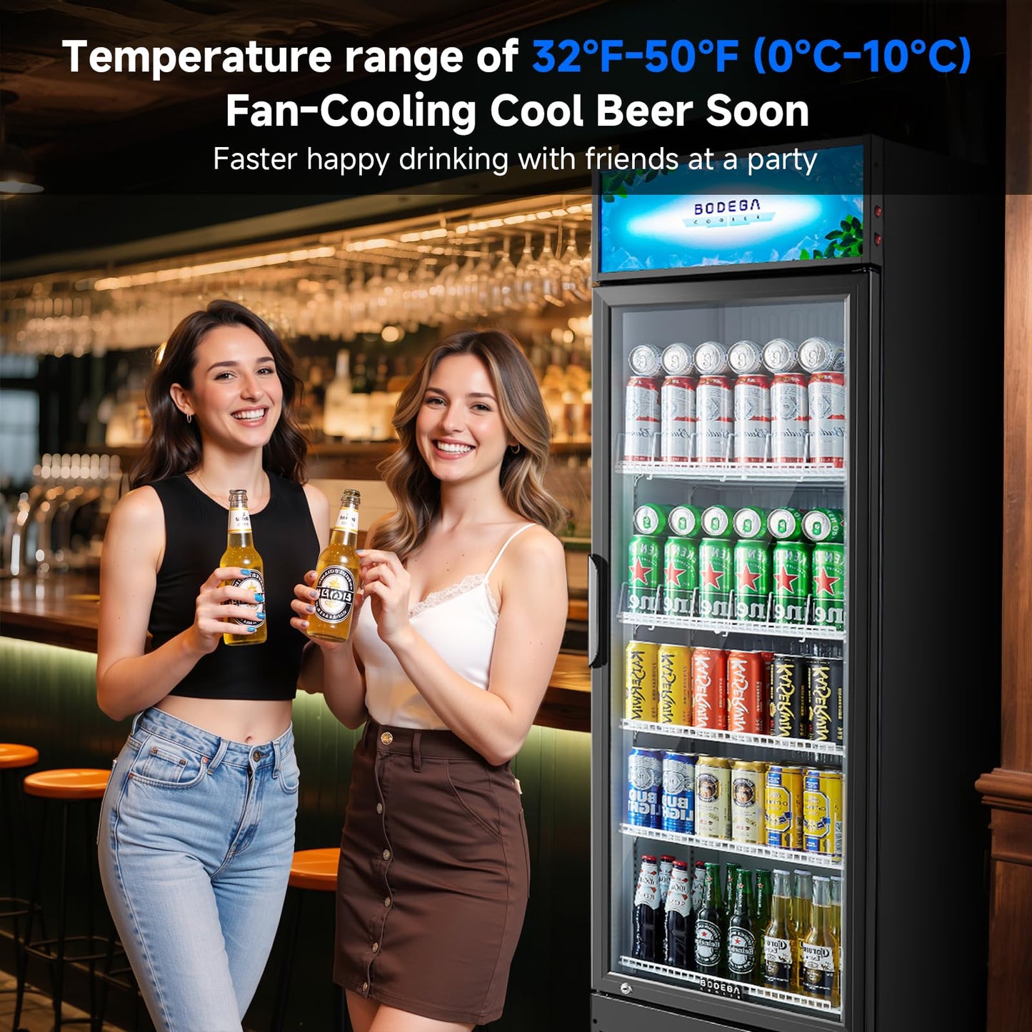 BODEGACOOLER 255L/270 Qt Commercial Beverage Refrigerator | Glass Door Merchandiser Fridge with LED Light, 32°F-50°F Temp, Energy-Saving & Magnetic Seal, 4 Adjustable Shelves for Bar/Office/Kitchen