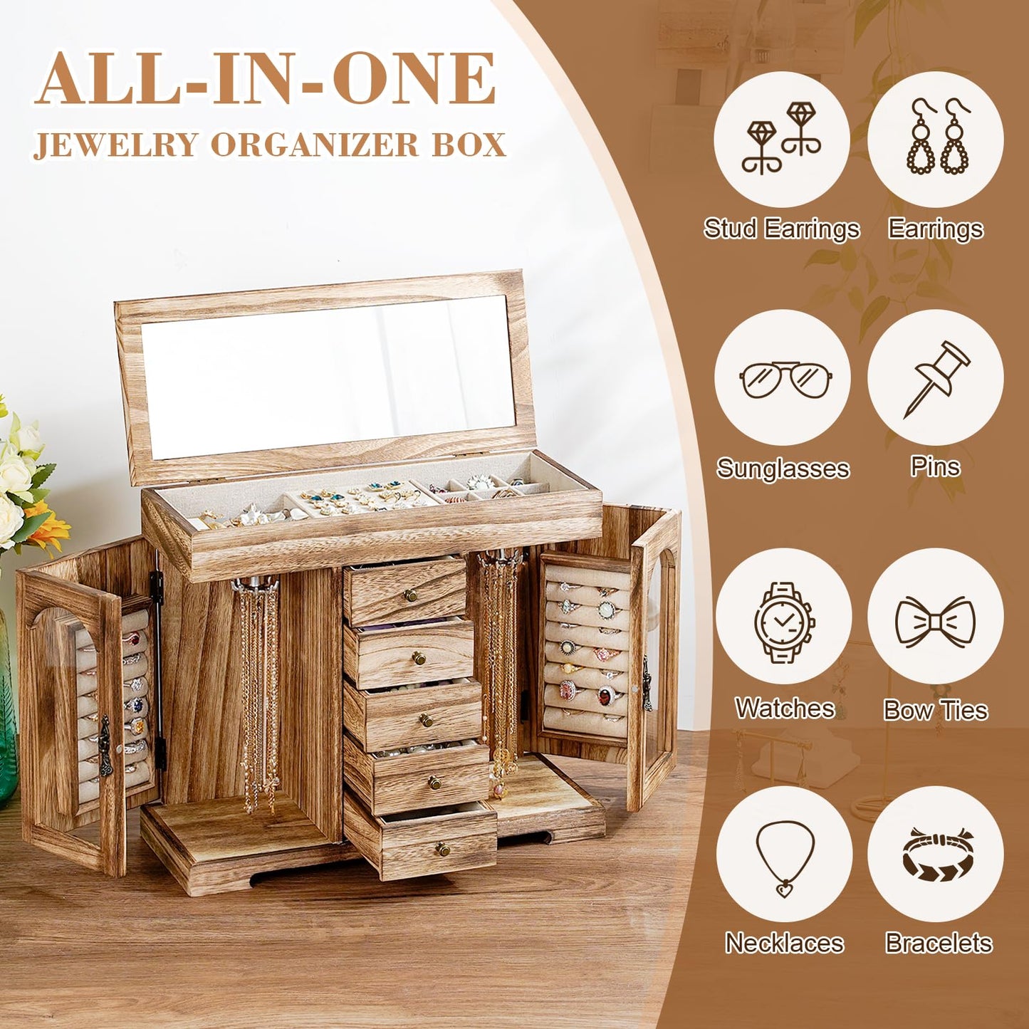 Miratino Jewelry Box for Women Girls, Rustic Wooden Jewelry Organizer Box with Mirror, 5 Layer Jewelry Storage Case Display for Necklaces Earrings Rings Bracelets Valentine's Day Gifts