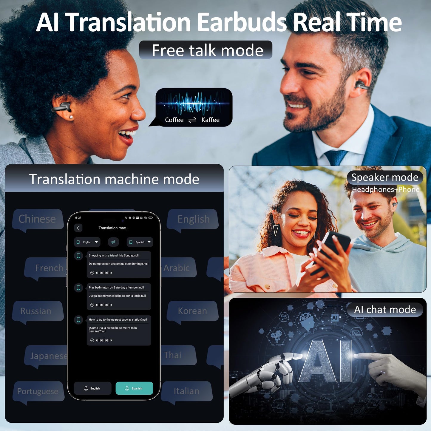 AI Language Translation Earbuds Real Time, IAMJOY Language Translator Earbuds Open Ear Clip-On Design, 163 Language & Accents Two-Way Translator Device with APP for Travel Learning Business, Black