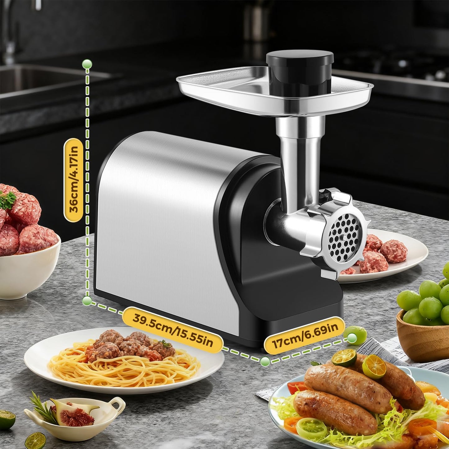 Flyseago Electric Meat Grinder 3200W Heavy Duty Commercial Meat Grinders, Sausage Stuffer, Kubbe Kit with 2 Cutting Blades, 3 Grinding Plates, 3 Sausage Tubes, Metal Gearbox Meat Grinder for Home Use