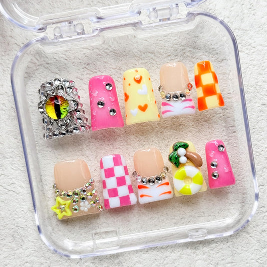 Handmade Short Duck Press on Nails Luxury Rhinestone Design Fake Nails Pink Grid False Nails with Glue,Muti-Layer Gel Thick Press ons Nail Eyes Charms Reusable Acrylic Nails for Women(Size S)