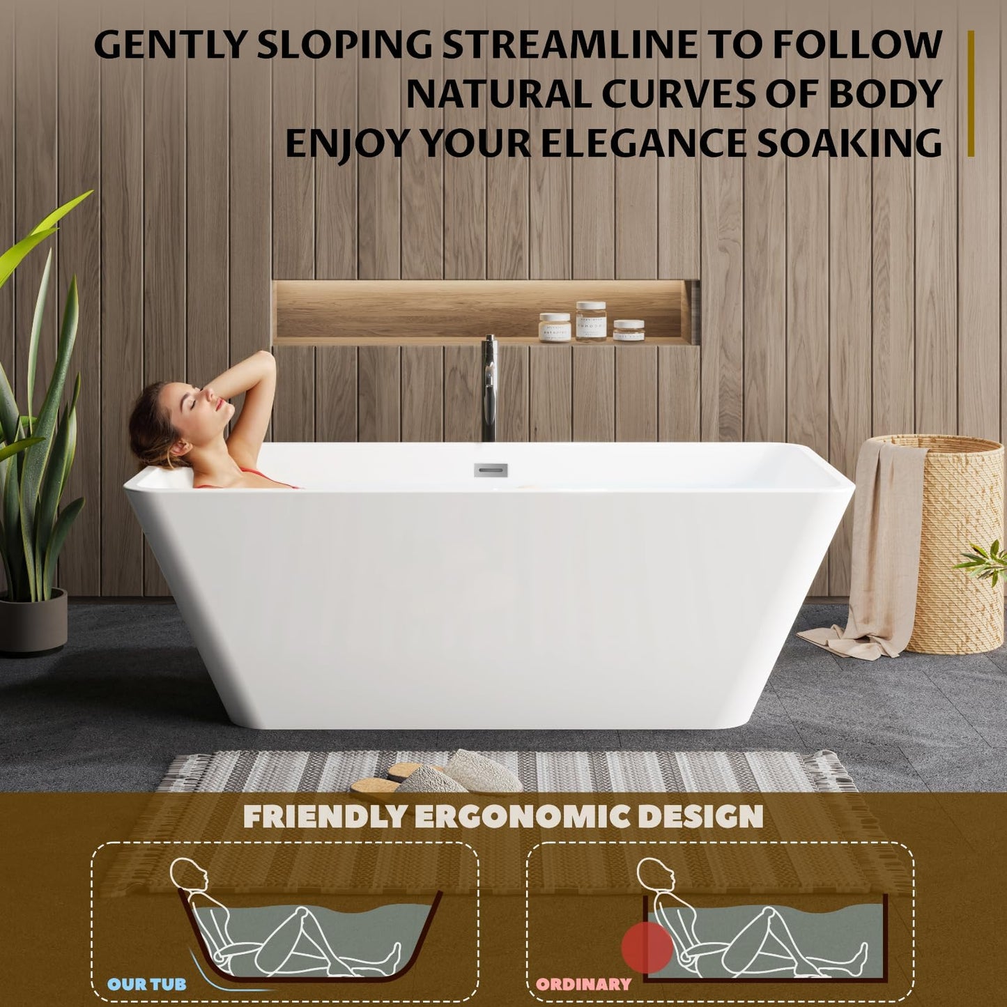 66 Inch Freestanding Bathtub, Modern Soaking Bathtub, Freestanding Rectangular Tub with Non-Slip Base and Easy Drain, Deep Design for Adults, Ideal for Bathroom Relaxation, Chrome Drain, White