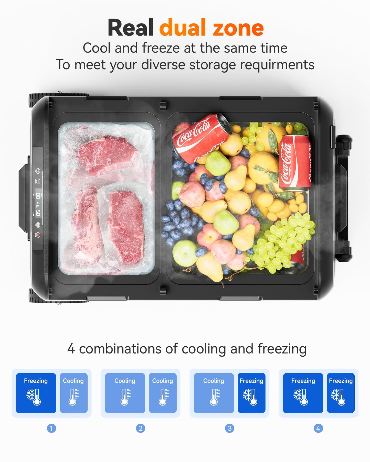 WOLFBOX 12V Car Refrigerator, 58 Quart Dual Zone Car Fridge, Portable Freezer(-8℉~68℉) with 12/24V DC 100/240V AC, APP Control Electric Cooler for Car, RV, Camping, Travel and Home Use