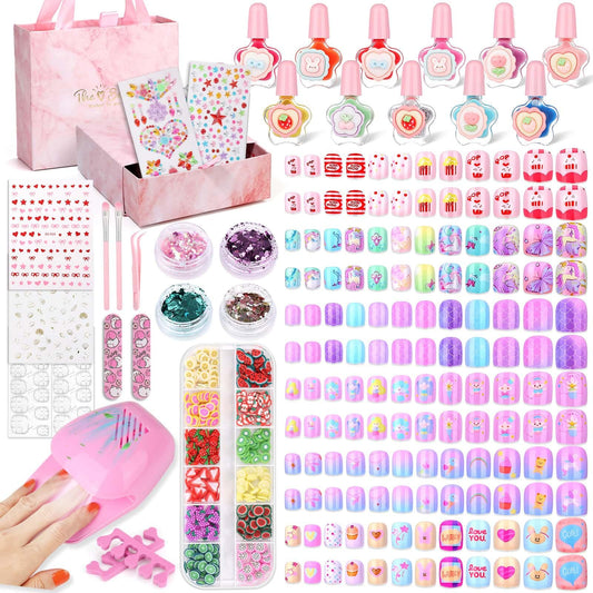 Kids Nails and Nail Polish for Girls, 144 Mini Press On for Kids, 12 Non-Toxic Nail Polish, Dryer, Gems Stickers, Cute Nail Stuff Gift for Girls Age 8-12