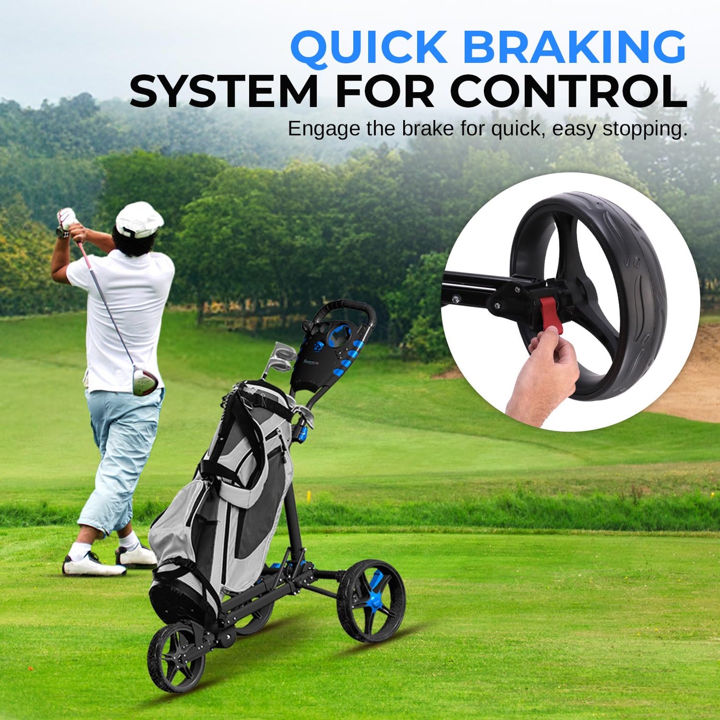 SereneLife 3 Wheel Golf Push Cart – Lightweight, Foldable, Collapsible, Adjustable Handle, Golf Caddy Accessories, Built-In Cooler Storage/ Scorecard/ Cup Holders, Compact for Travel