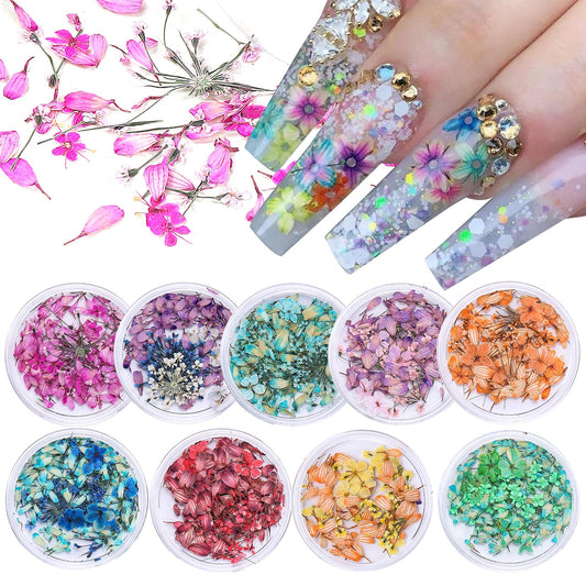 3D Dried Flowers Nail Decoration 9 Boxes 9 Colors Real Pressed Floral Leaves Nail Art Decals Tiny Small Natural Flower Petal Leaves Stickers Summer Manicure Supplies for Acrylic Nails & Resin DIY