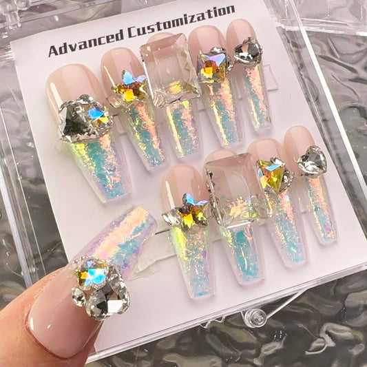 WOMHOPE Press on Nails Handmade Full Cover False Nails with Rhinestone Vintage Flower Aurora Acrylic Nails for Women and Girls 10pcs/Box Long Almond,Coffin (French polarization, Large)