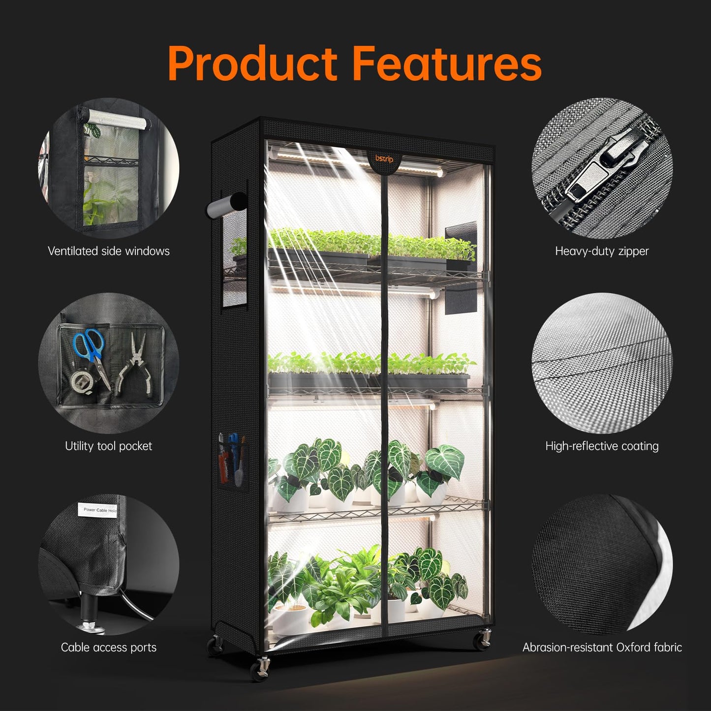 Bstrip Indoor Greenhouse with Grow Light, Plant Stand with 4 Pack 24W Full Spectrum Plant Lights, Plant Shelf with Tent for Indoor Plant, Seed Starting, Seed Tray, 29.5"x13.8"x59"