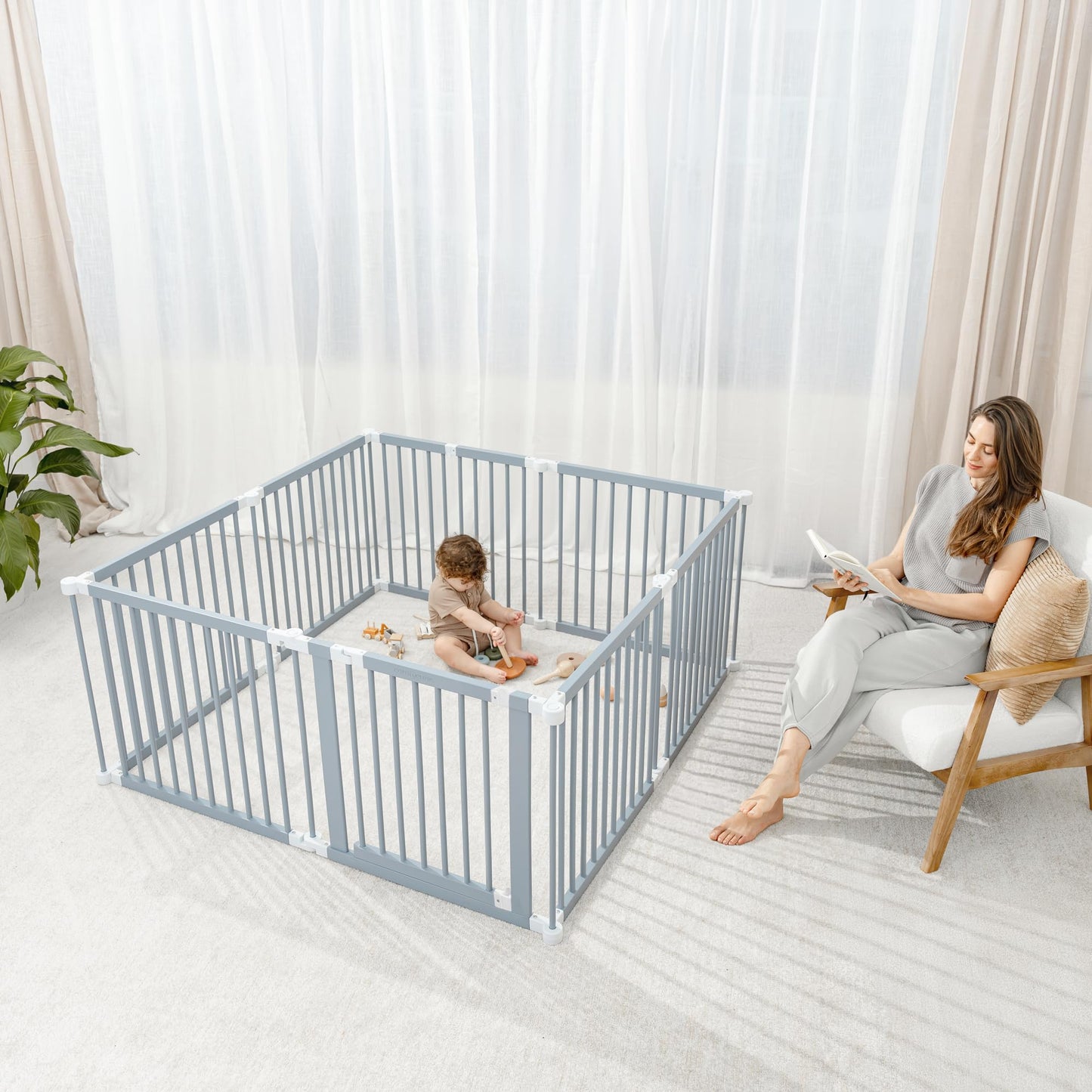 Comfy Cubs Baby Gate Playpen - 57 x 57 x 25 in, Extends Up to 228” - Pine Wood Foldable Playpen with Child-Proof Lock - Easy Assembly Baby Fence Play Area for Babies & Toddlers - Pacific Blue