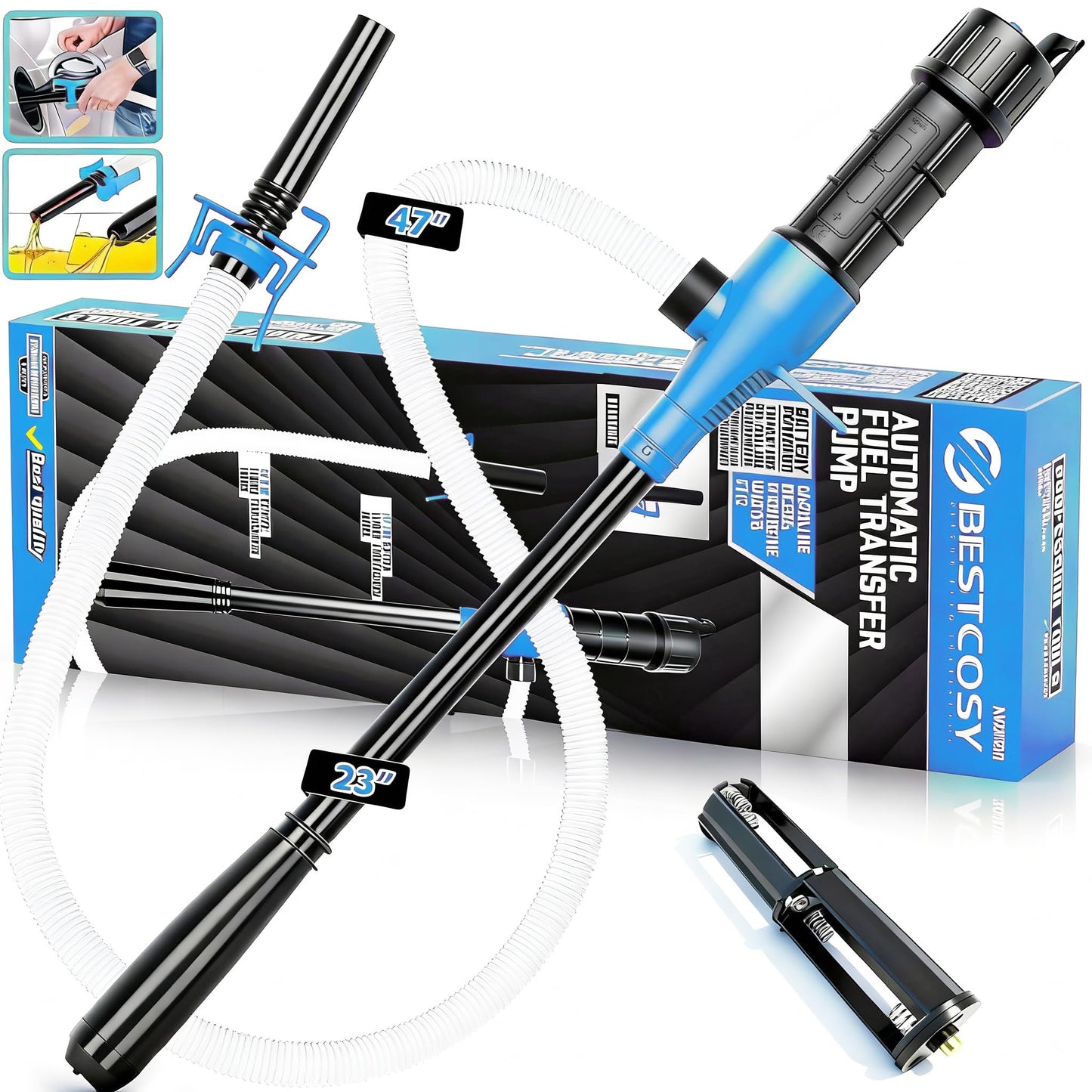 Portable Transfer Pump Battery Operated Electric Siphon Pump for Gas, Fuel, Diesel, Water Transfer 2.4 GPM Flow Oil Extractor, 47" Hose-Easy to Use Hand Fuel Pump, Multi-Use Siphon Transfer Pump(Blue)