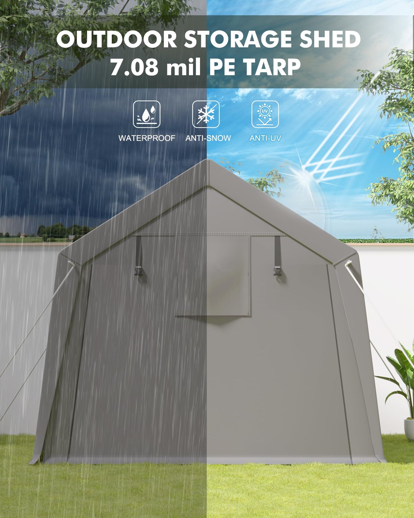 GarveeHome 10 x 10 Ft Carport Storage Shed, Portable Garage with Roll-Up Zipper Door, Heavy Duty Waterproof Tarp, Storage for Motorcycle, Bike, Firewood, Garden Tools, Grey