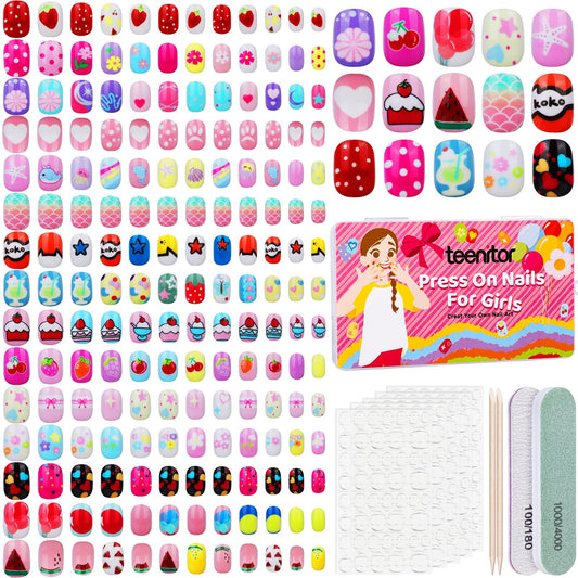 Teenitor 360 Pcs Kids Press On Nails, 15 Styles 12 Sizes Press On Nails for Kids Girls 8-15 Years, Fake Acrylic Kids Nails with Nail Adhesive Tabs, Nail File Nail Buffer