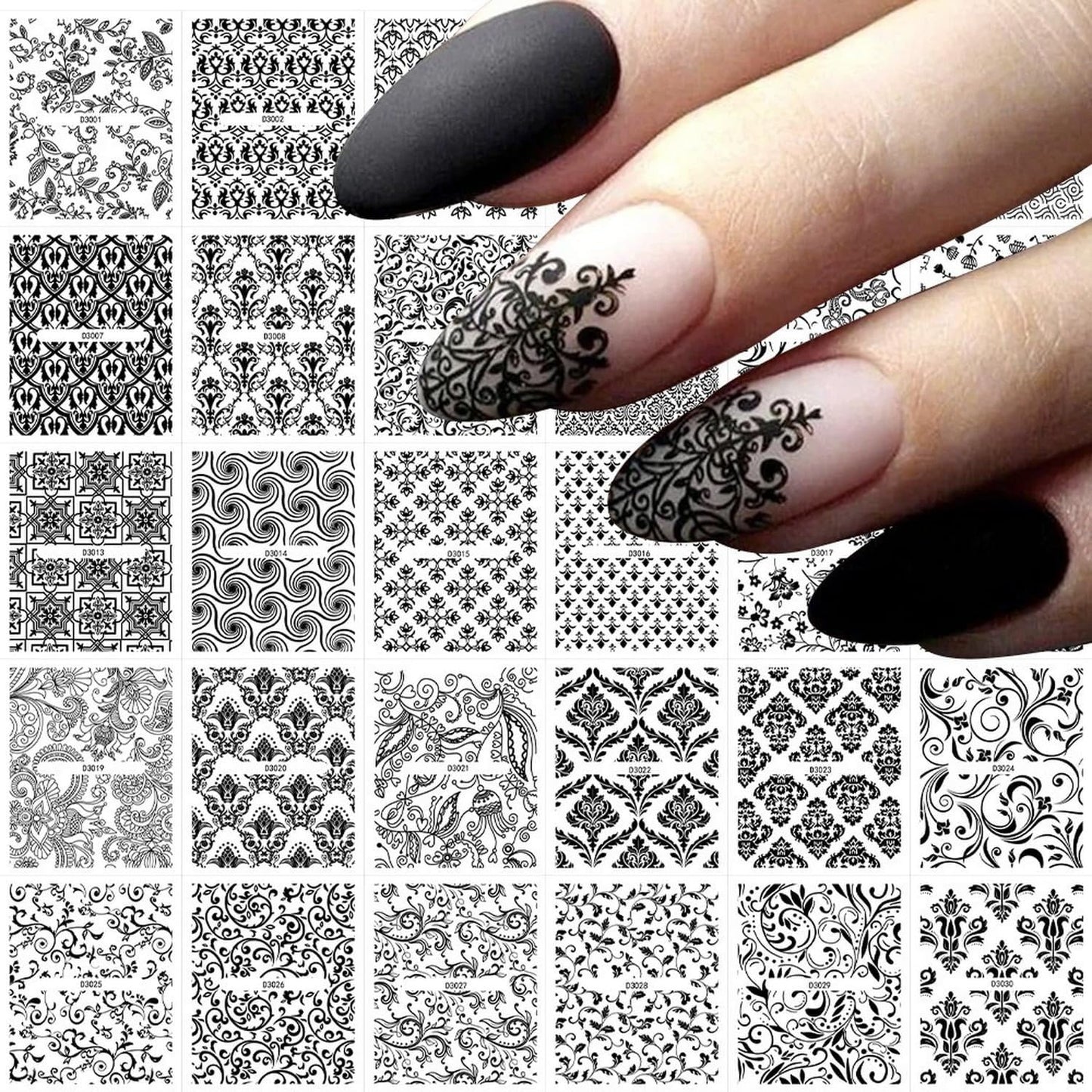 WEIXIWUYU 30 Sheets Black Lace Nail Art Stickers 3D Self-Adhesive Black Hollow Retro Floral Vine Design Decals for Women Girls DIY Manicure Slider Decorations
