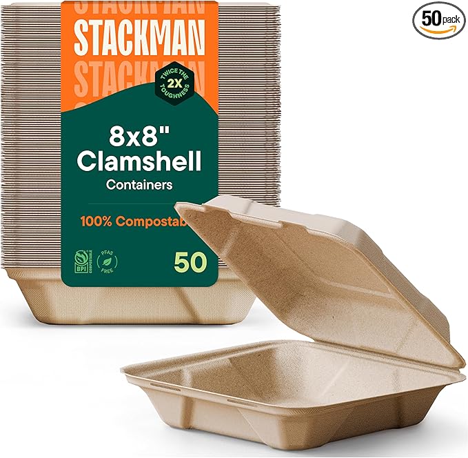 100% Compostable Clamshell Take Out Food Containers [8X8" 50-Pack] Heavy-Duty Quality to go Containers, Natural Disposable Bagasse, Eco-Friendly Biodegradable Made of Sugar Cane Fibers