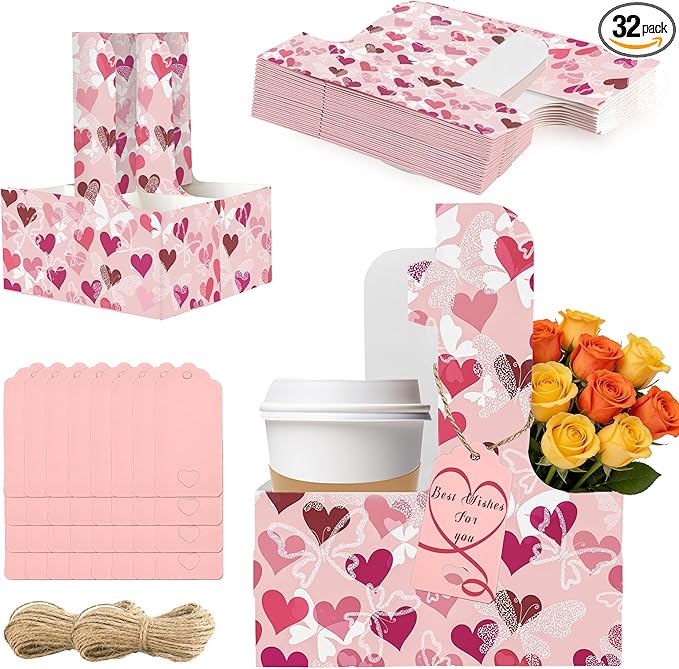 32 Set Drink Carrier,Cardboard Cup Holder with Love, Coffee Cup Holder with Handle,Coffee Carrier with Greeting Card and Ribbon for Valentine's Day Gifts Party Gift,Pink