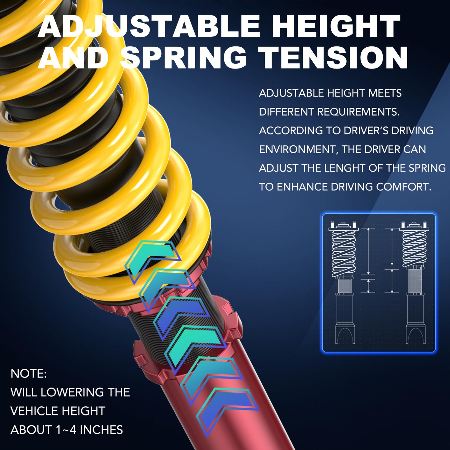 KUIPERAUTO Coilovers Lowering Struts Compatible for 2006-2010 Dodge Charger SRT-8 Front & Rear Shocks Adjustable Height Suspension Coil Spring Strut (RWD Only)(Set of 4)(Yellow)