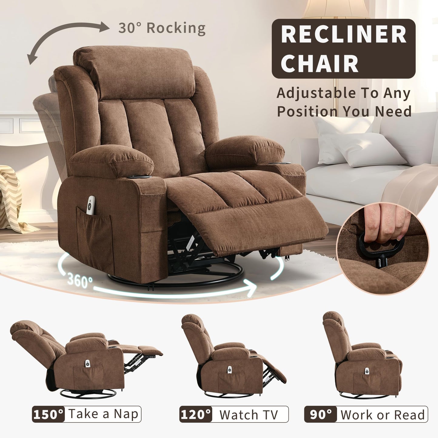 PeacefulHues 360° Swivel Rocker Recliner Chair with Heat and Massage, 3 Positions, USB Ports, Side Pockets, Cup Holders, for Living Room, Bedroom, Brown