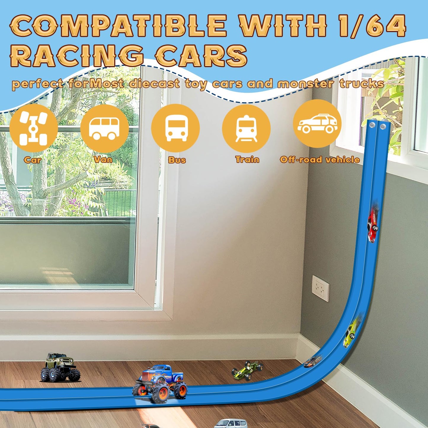 Flex Track 15 Ft Starter Set, Flexible Race Car Ramp Track for Ages 3 & Up with Suction Cups Compatible with Diecast 1/64th Cars