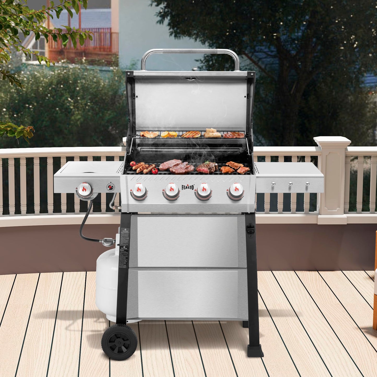 Feasto All Stainless Steel 4+1 Burner Gas BBQ Grill, Outdoor Propane Grill with Premium Enameled Coated Chamber Body & Porcelain-Enameled Cast lron Grates, 48,000 BTU