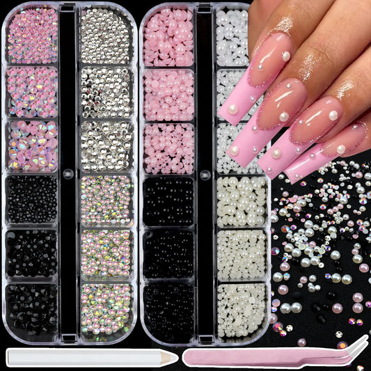 SEMATA White Nail Art Pearls Charms Mixed Size Nail Gems Flatback Nails Rhinestones Colorful Pink Black Nails Pearls Rhinestones Art Accessories Decoration Design for Women