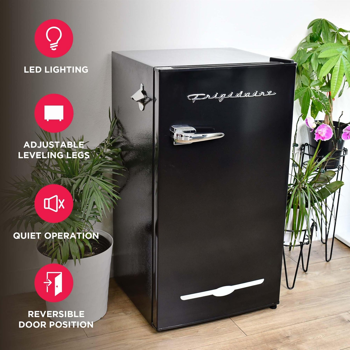 FRIGIDAIRE EFR376-BLACK 3.1 Cu Ft Black Retro Bar Fridge with Side Bottle Opener