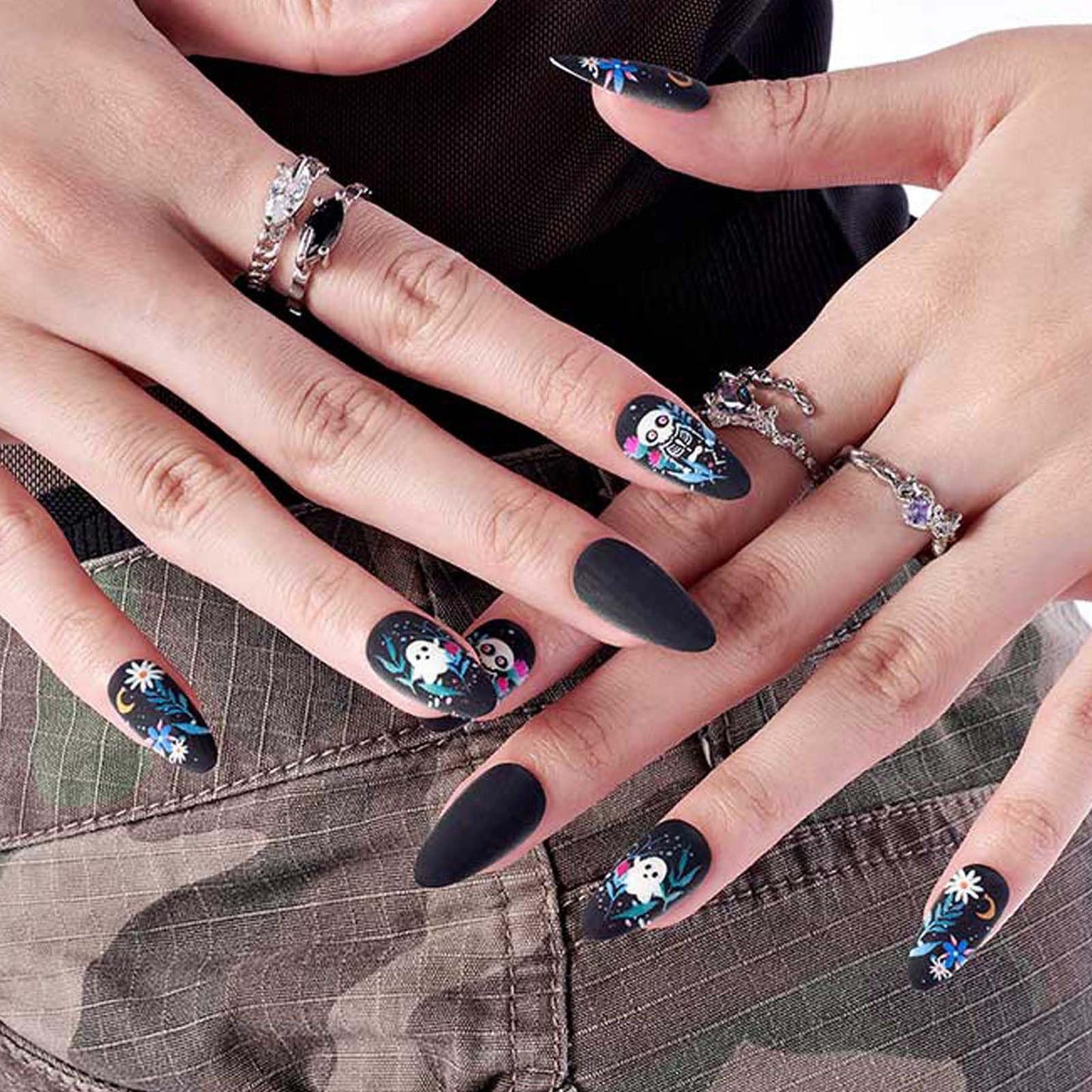 GLAMERMAID Dull Polish Black Press on Nails Medium Almond, Halloween Floral Ghost Gel Glue on Nail, Gothic Short Stiletto Reusable UV Finish Fake Nail, Acrylic Oval False Nails Manicure Kits for Women