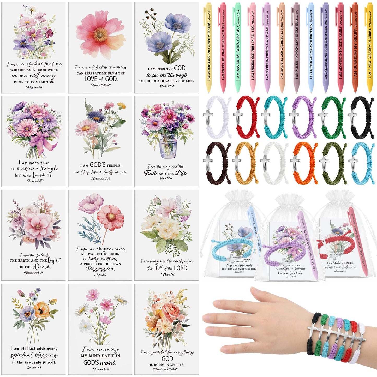 Pasimy 12 Set/48 Pcs Biblical Affirmation Gifts for Women Positive Affirmation Notebooks with Inspirational Pens Cross Bracelet Floral Christian Gift for Women Mother Church Member Party Favors