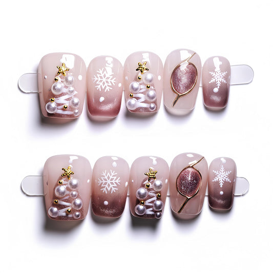 Fine Point Handmade Holiday Snowflake Pearl Press On Nails – 10 Piece Nude Pink Ombre Short Squavol False Nails with 3D Pearls, Christmas Tree & Gold Accents, Acrylic Nails, Festive (Size Medium)