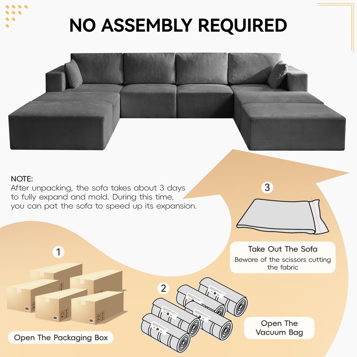 WUTUTUEE 146'' Oversized Boneless Sofa Bed, 4 Seater Modular Sectional Couch with 4 Moveable Ottoman, No Asswmbly Corduroy Compression Sofas with Chaise for Home House, Grey