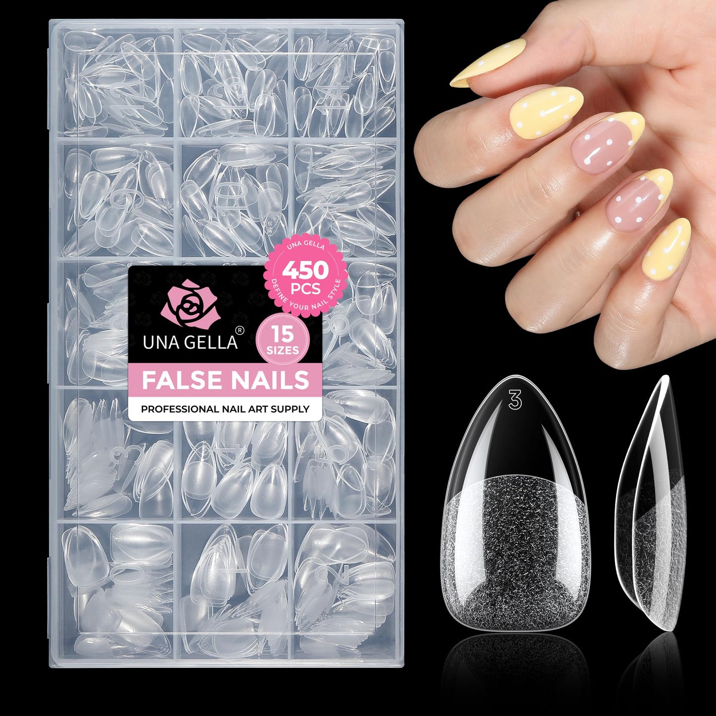 UNA GELLA Short Almond Nail Tips: 450PCS Short Fake Acrylic Nail Tips 15 Sizes Soft Pre-shape Press On Nails Almond For Full Cover Nails Extension Home DIY Salon