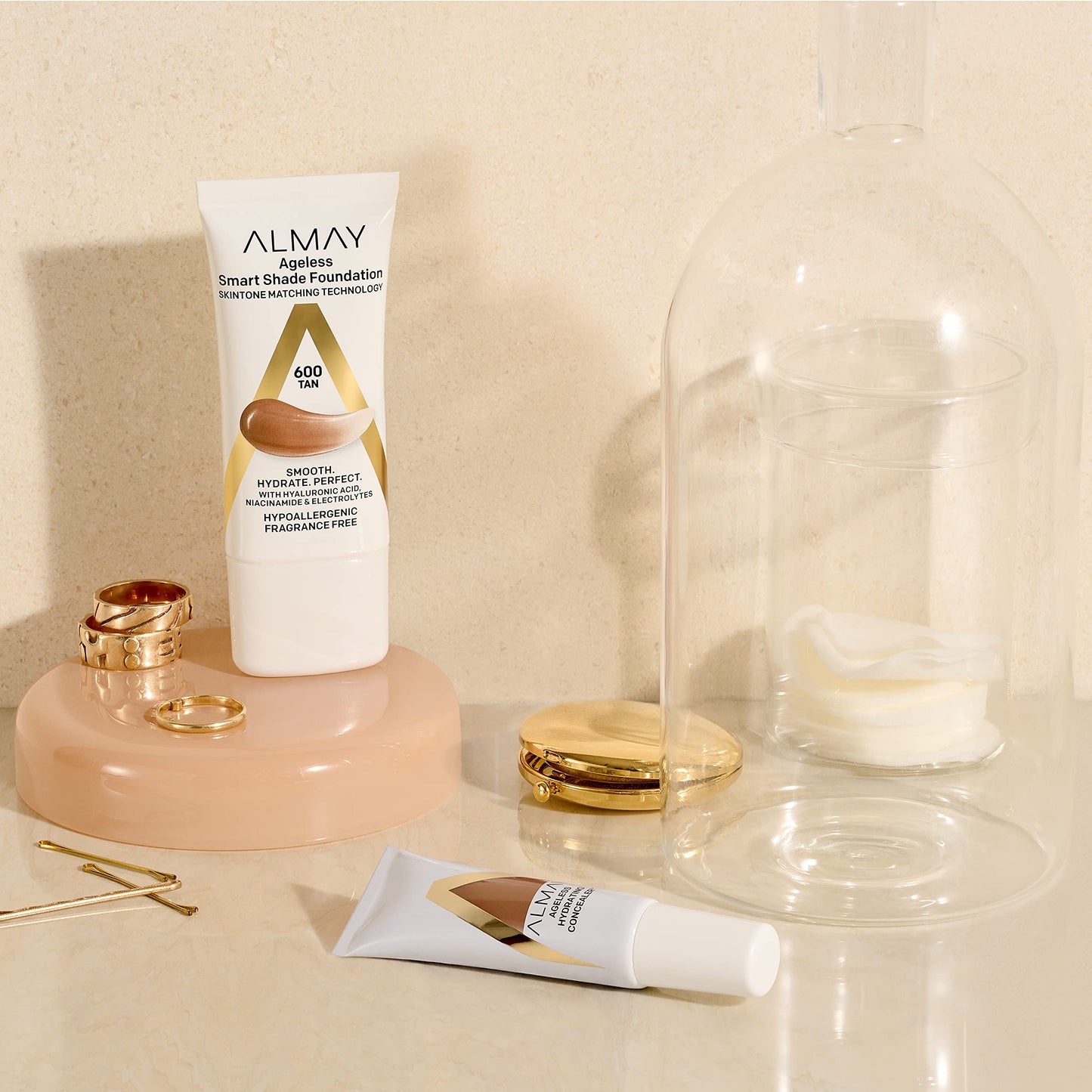 Almay Anti-Aging Foundation, Smart Shade Face Makeup with Hyaluronic Acid, Niacinamide, Vitamin C & E, Hypoallergenic-Fragrance Free, 500 Golden, 1 Fl Oz (Pack of 2)