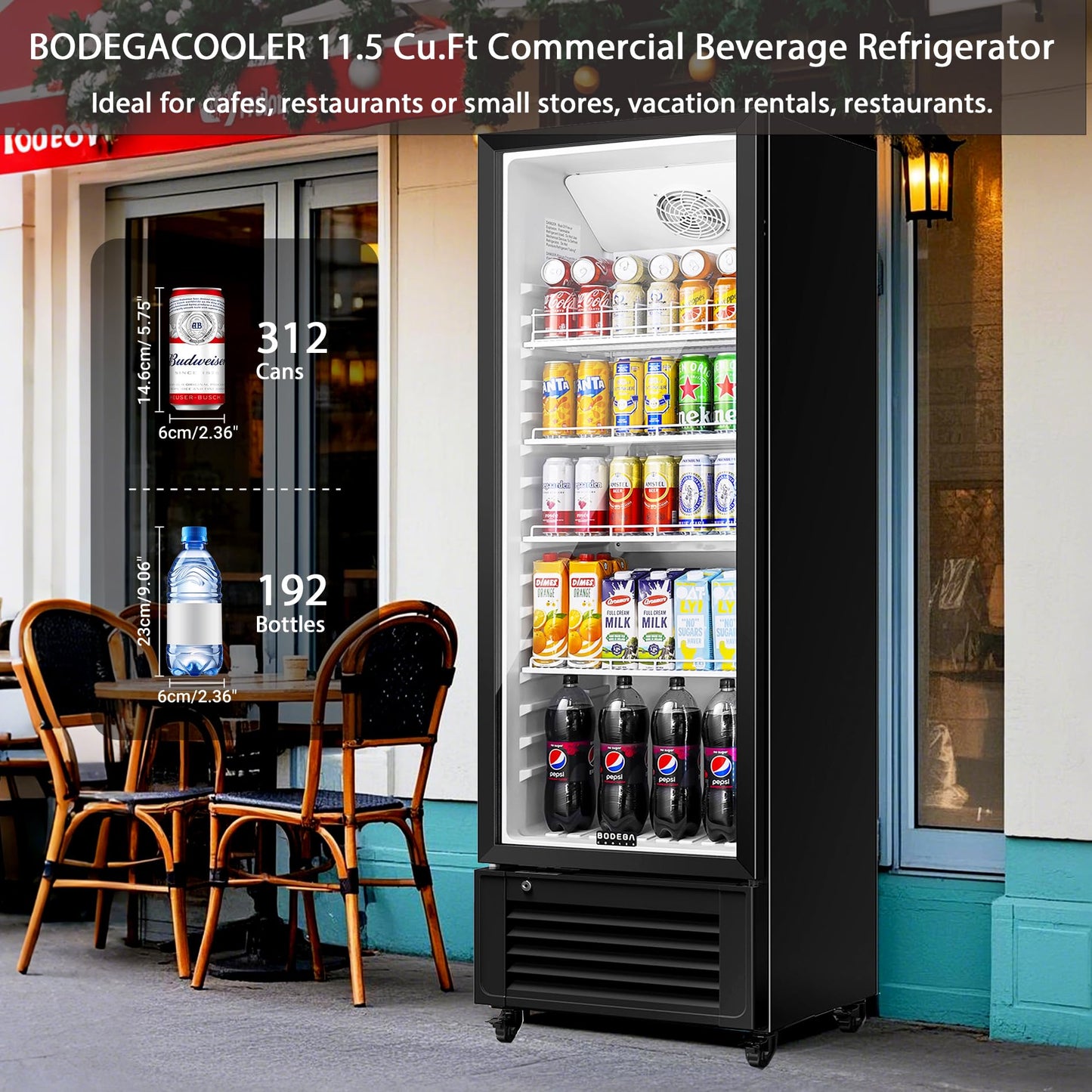 BODEGACOOLER 11.5 Cu.Ft. Commercial Merchandiser Refrigerators, Adjustable shelves & Automatic Defrost, Commercial Beverage Refrigerator Glass Door For Drink, Soda, Garage, Gym, Man cave, Shop, Office