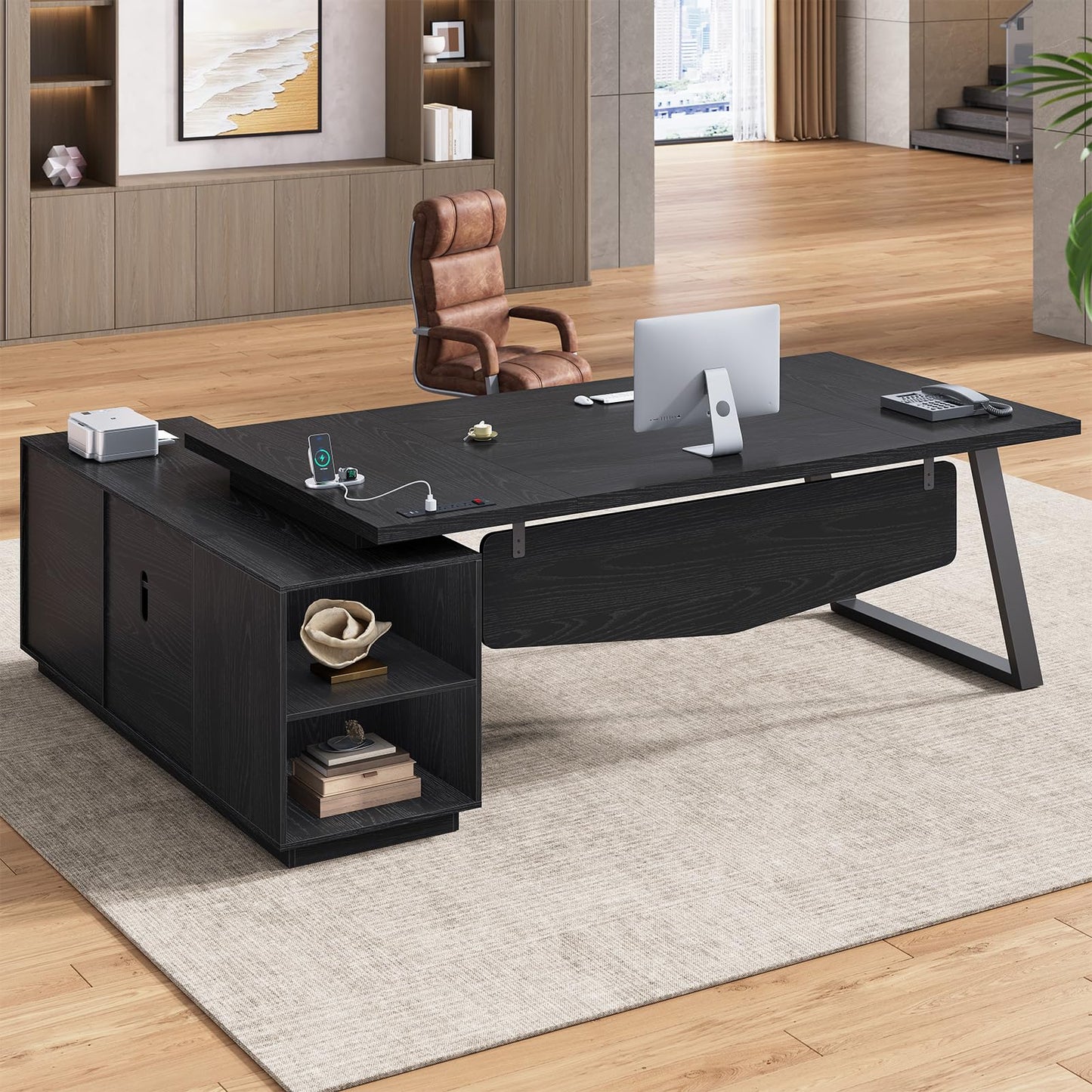 70.3 inch L Shaped Executive Desk with Power Outlets, Large Home Office Desk with Storage Drawers and File Cabinet, Modern Computer Desk with Shelves, Black Business Furniture, Square Metal Legs