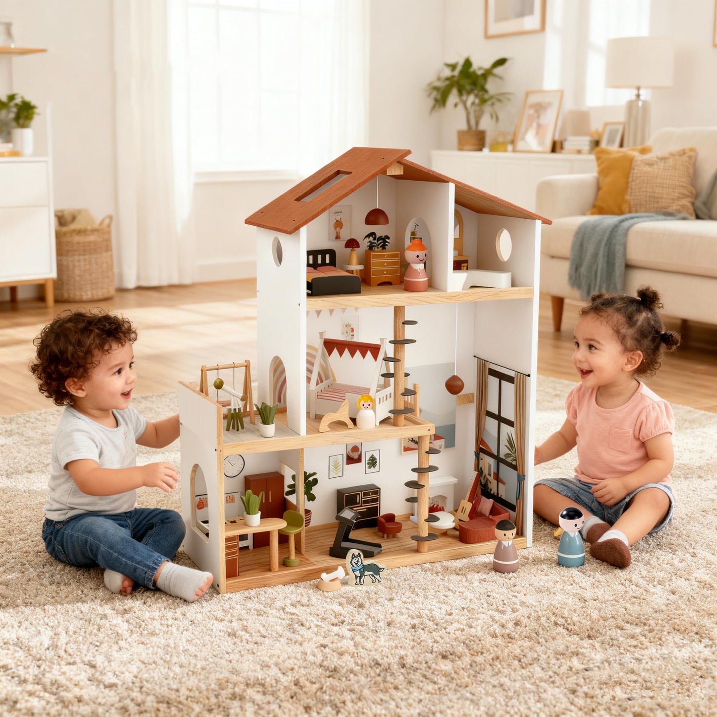 Wooden Doll House with 53Pcs Furniture Doll House, 6 Rooms Toddler Dollhouse Includes Spiral Wooden Staircase and Balcony, Modern Family Dollhouse with Realistic Design Gift for Ages 3+