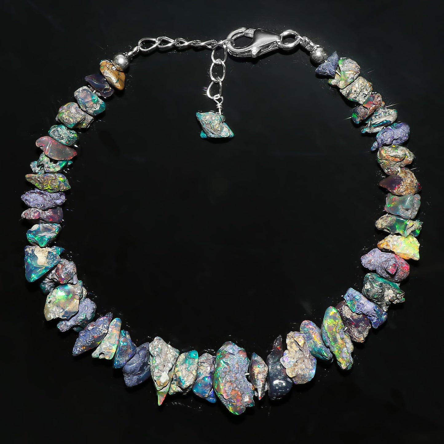 CRYSTALIS Black Opal Bracelet, Natural Raw Stones, Fire Play Rough Gemstones, Chakra Healing Crystals, Gift Giving Jewelry, Rhodium 925 Sterling Silver Women Bracelet 8 inch