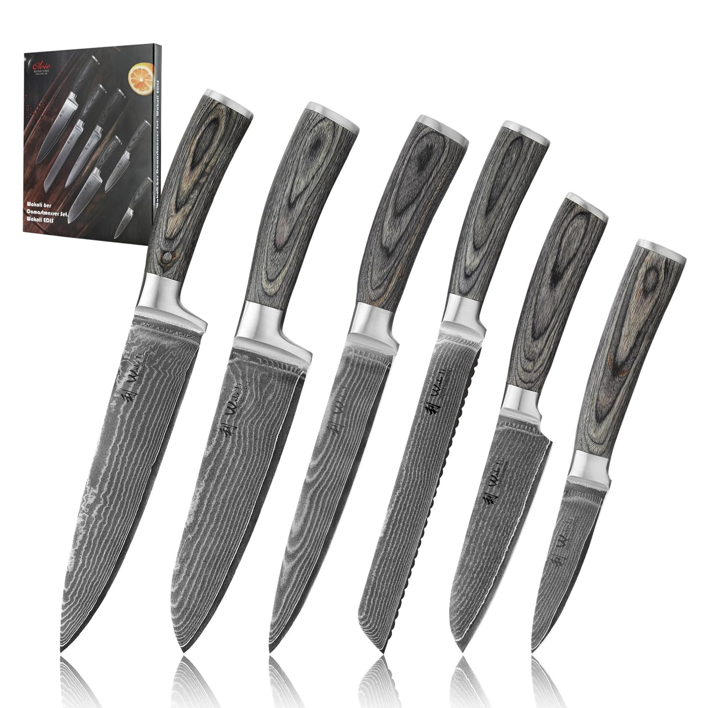 Wakoli EDIS 6-Piece Damascus Kitchen Knife Set – Professional Chef Knives Set with VG10 Core Blades, 67-Layer Damascus Steel & Ergonomic Pakkawood Handles – Premium Kitchen Knives in Elegant Gift Box